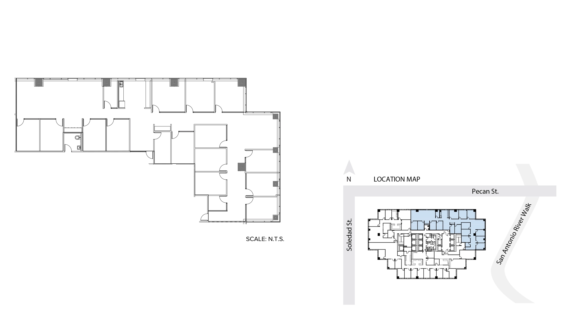 Floor plan of office space for lease downtown San Antonio, Suite 1000, showing several rooms and hallways, plus a location map highlighting its corner position at Soledad St. and Pecan St., near San Antonio River Walk. North arrow and streets are labeled.