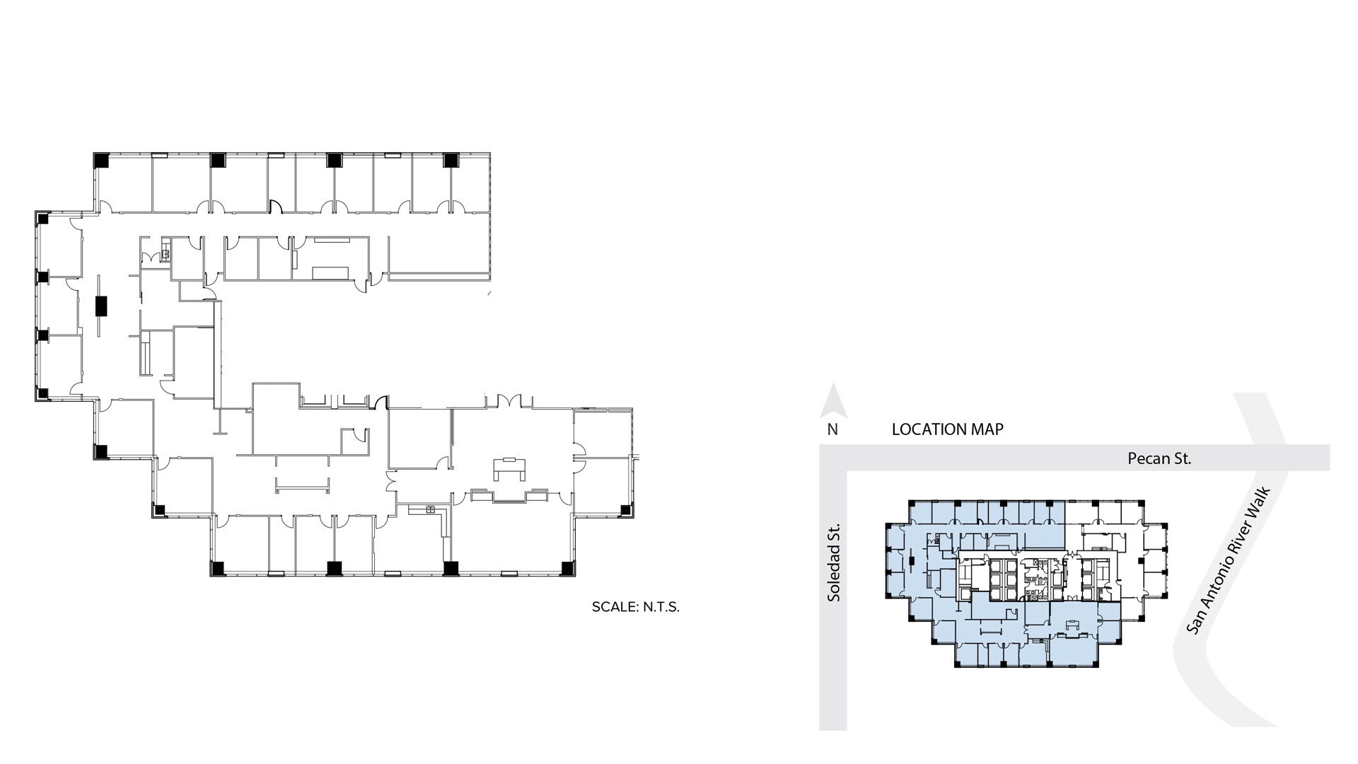 Black and white floor plan of a large Class A office space, Suite 1200, on the left; on the right, a location map shows the building footprint highlighted in blue at the intersection of Soledad St., Pecan St., and San Antonio River Walk.