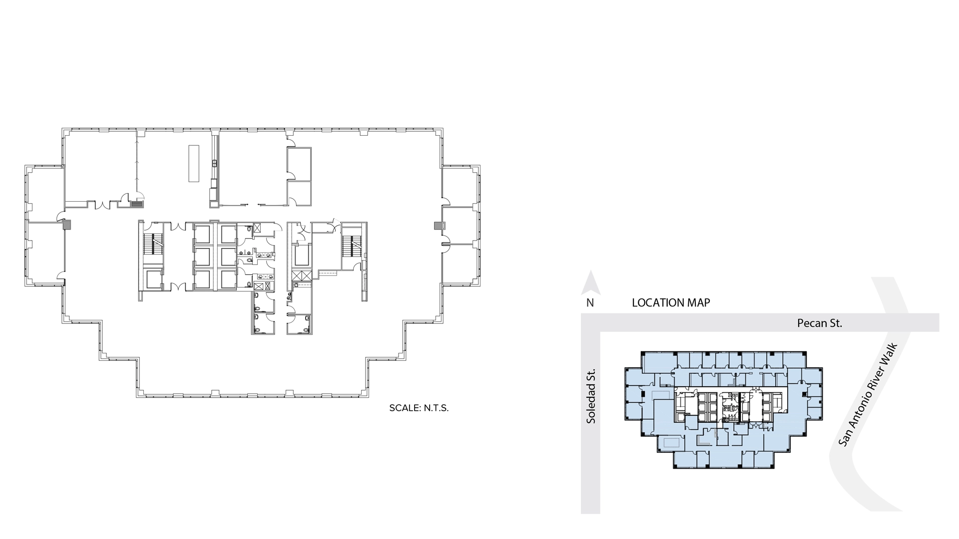 Architectural floor plan of Suite 1700, a full-floor office space for lease in downtown San Antonio, showing a central elevator and stair core with surrounding rooms; adjacent map highlights its prime location near the River Walk at Soledad & Pecan St.