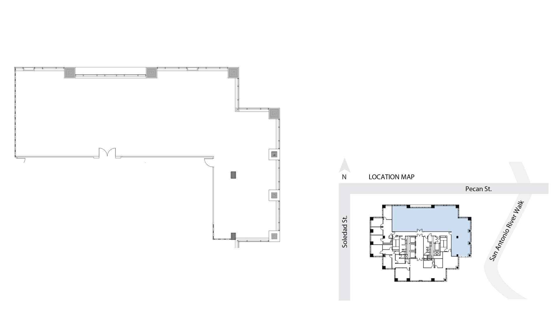 Floor plan of a building with rooms outlined, shown next to a location map indicating its position near the San Antonio River Walk. Highlights Suite 2810 as a customizable office space with views at Soledad St. and Pecan St.; north direction is marked.