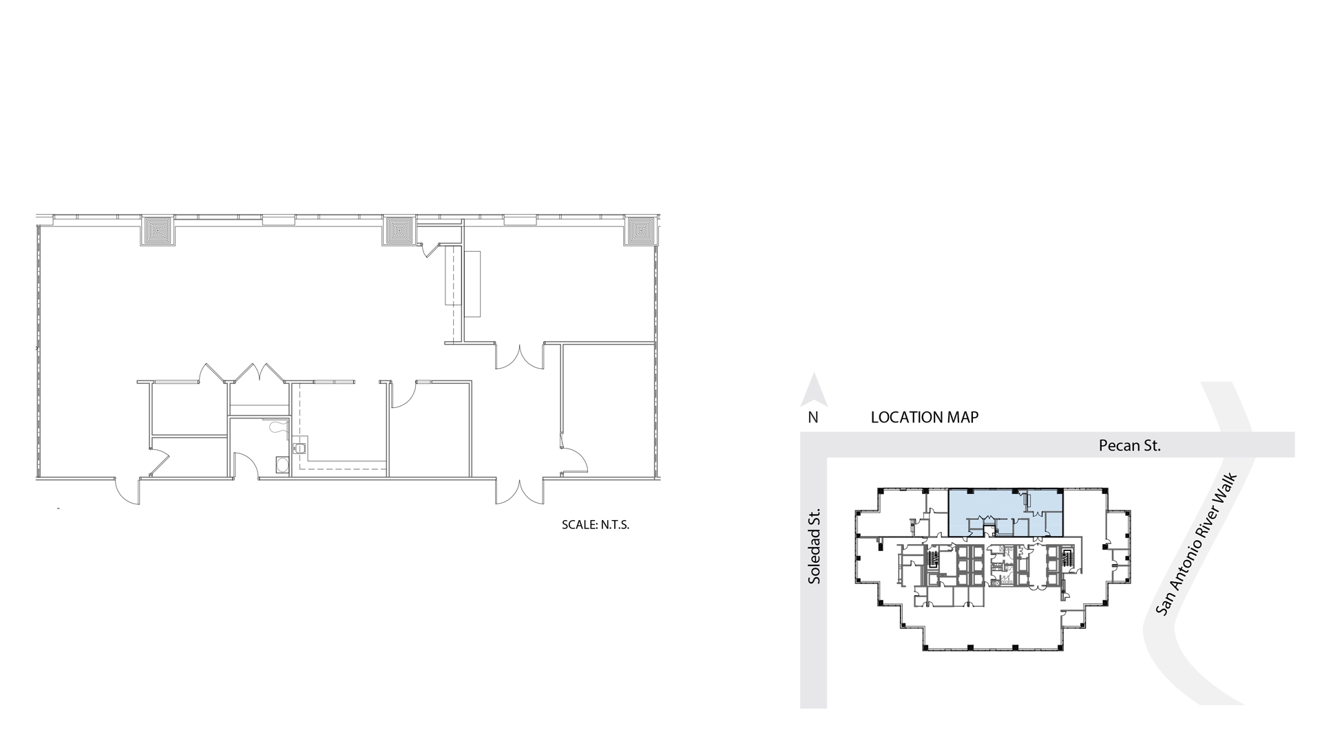 A floor plan of a rectangular apartment with various rooms and a small location map highlights the fully furnished office space for lease—San Antonio Suite 640—at the corner of Pecan St., Soledad St., and San Antonio River Walk.