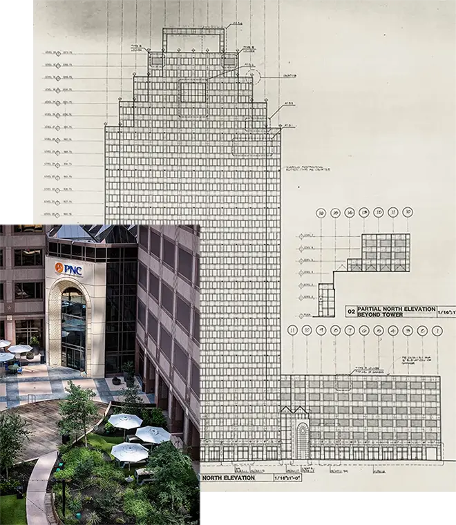 A black-and-white architectural blueprint of a stepped office tower overlays a color photo of a shaded courtyard with green trees, white umbrellas, and a PNC logo—showcasing premier Class A office space in San Antonio.