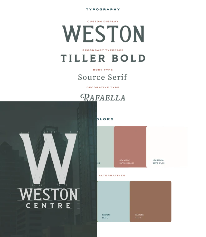 A branding mood board with a dark cityscape, large W WESTON CENTRE text, modern sans-serif fonts, and a color palette of muted red, blue, and off-white Pantone swatches—perfect as a Timeline Slide or Slide Image.