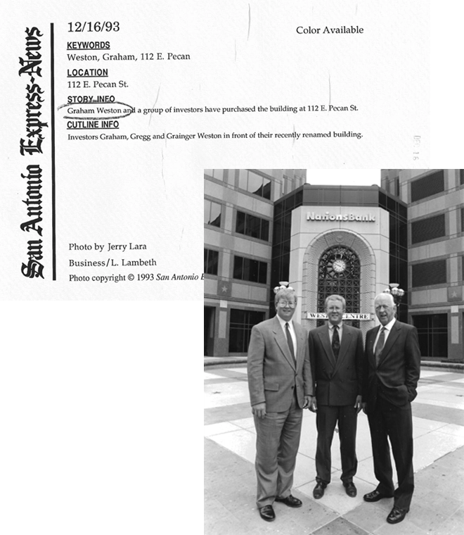 Image: Three men in suits stand in front of the NationsBank building at 112 E. Pecan St., San Antonio. The headline above notes their recent purchase of the building. Photo is from a 1993 San Antonio Express-News article.