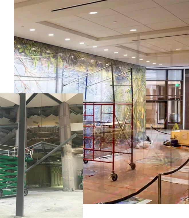A Timeline Slide collage shows a construction site with workers on a lift and a partially built ceiling on the left, and on the right, a finished lobby with a mural, scaffolding, and roped-off area under bright lights.